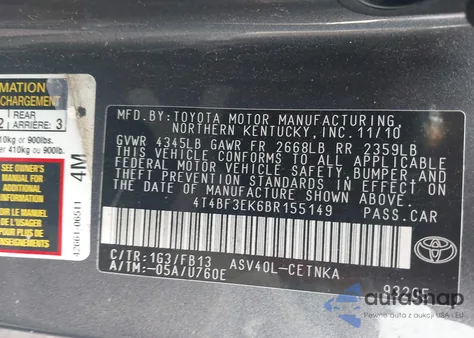 2011 Toyota Camry Le из США, поврежденный, VIN 4T4BF3EK6BR155149